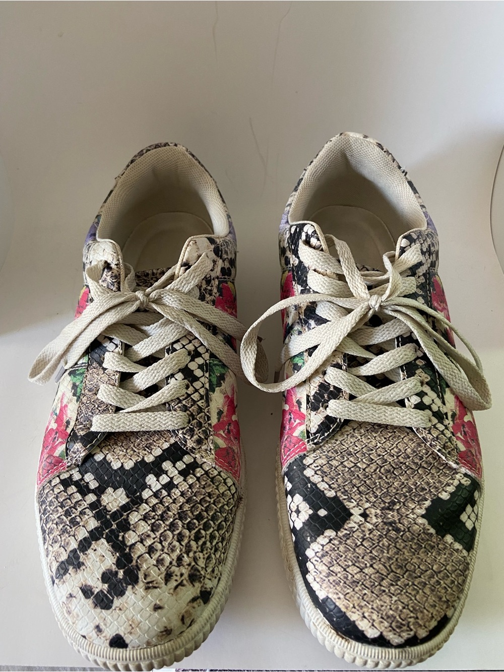 comfortview Snake-Print Lace-Up Sneakers with Pink and Green Accents